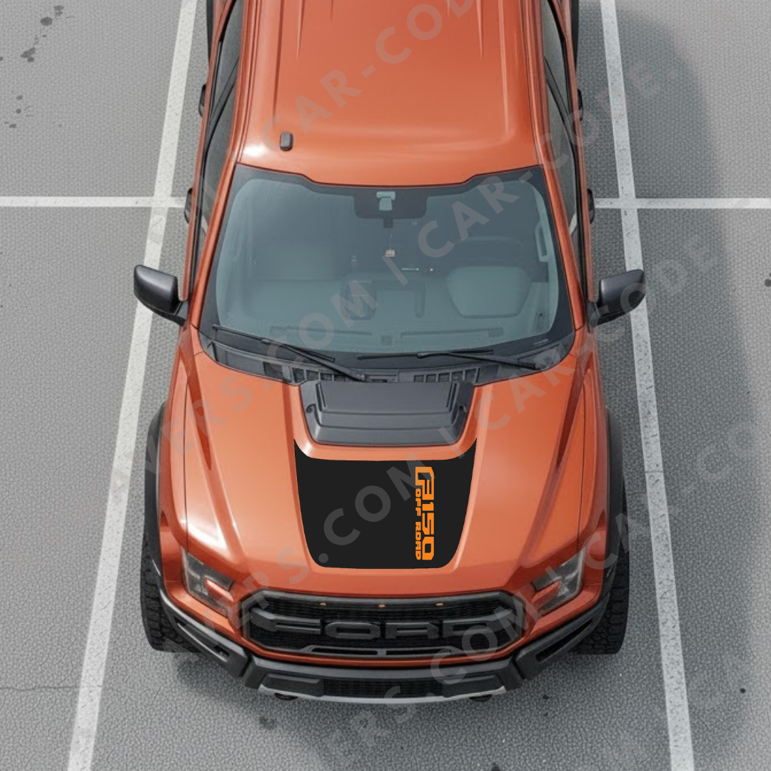 Ford F-150 Raptor Hood Panel – Side Banner Text (example: “F150 OFF ROAD”) – Orange/Gray/Red/Blue/Tan/Green – 2017–2025 – Printed Matte 3M or Avery Cut-Vinyl