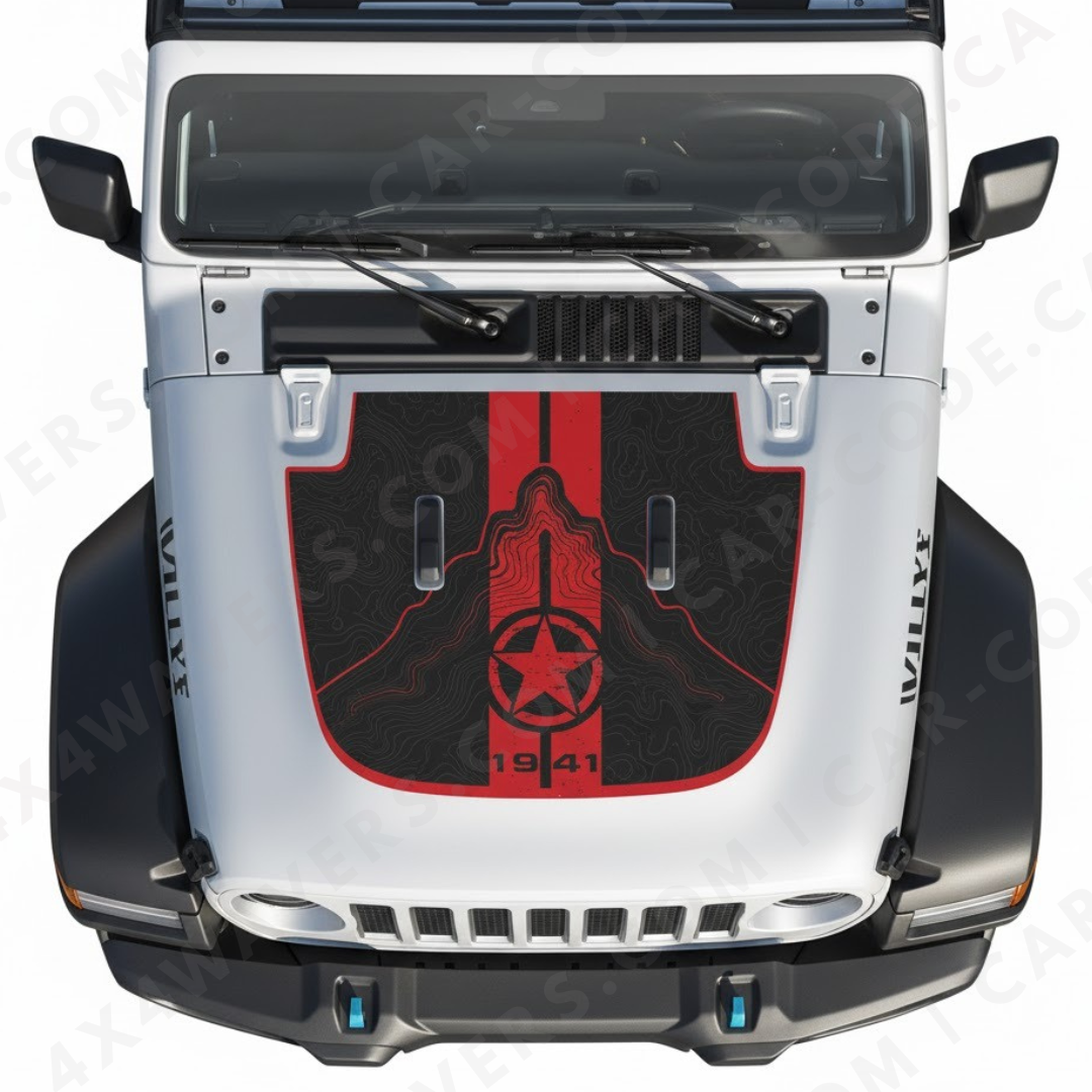 1941 Topographic Rally Hood Panel – Wrangler JL/JLU/JT (2018–2025) & JK/JKU (2007–2018) – Stripe & Star – Printed & Matte-Laminated 3M Vinyl