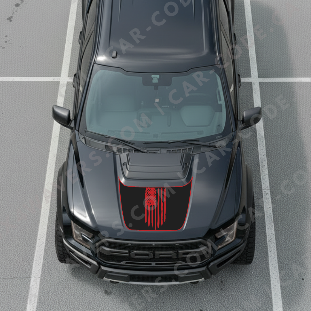 Tattered Flag Hood Panel – Accent Color Options – Ford F-150 Raptor (Gen 2 2017–2020, Gen 3 2021–2024) – Printed Matte 3M or Avery Cut Vinyl