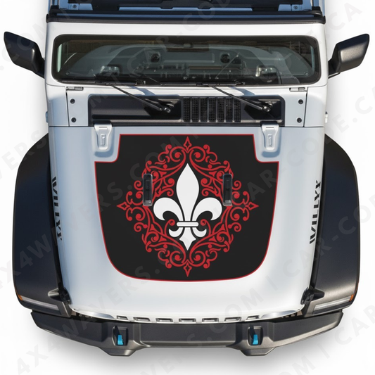 Québec Fleur Hood Panel – Wrangler JL/JLU/JT (2018–2025) & JK/JKU (2007–2018) – White Fleur-de-Lis with Red Ornamental Scrolls – Printed & Matte-Laminated 3M Vinyl
