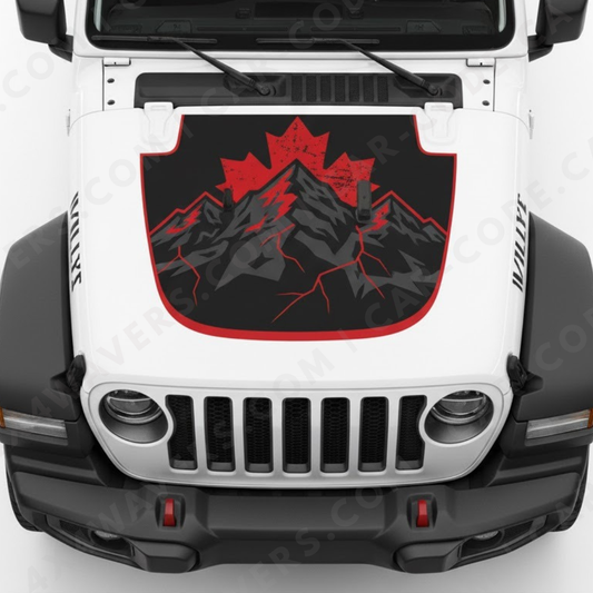 Maple Peak Hood Panel – Wrangler JL/JLU/JT (2018–2025) & JK/JKU (2007–2018) – Red Leaf Silhouette, Mountain Graphic & Outline – Printed & Matte-Laminated 3M Vinyl