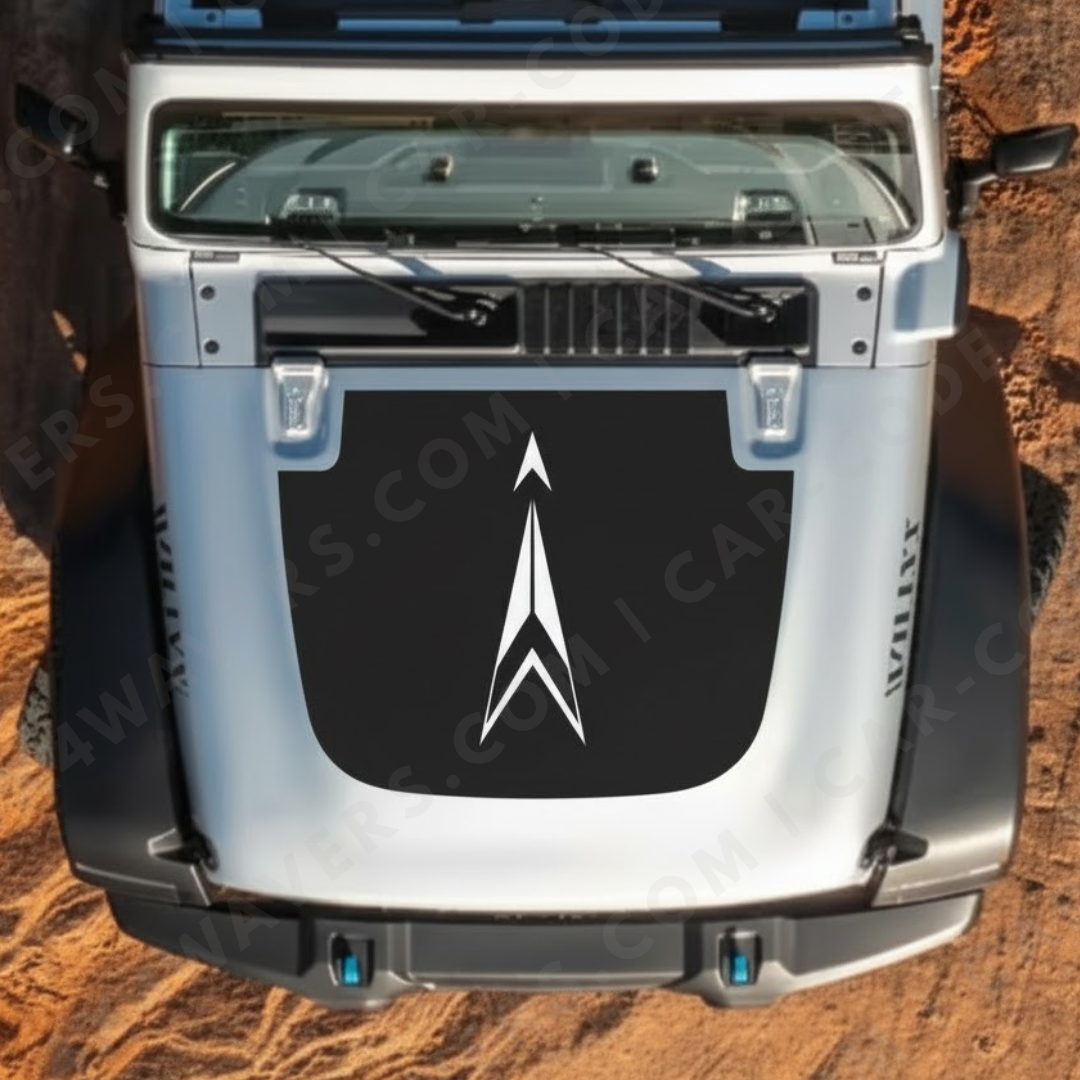 Arrow Summit Hood Panel – Wrangler JL/JLU/JT (2018–2025) & JK/JKU (2007–2018) – Minimal White Chevron on Satin Black – Printed & Matte-Laminated 3M Vinyl (Avery Cut-Vinyl Option)
