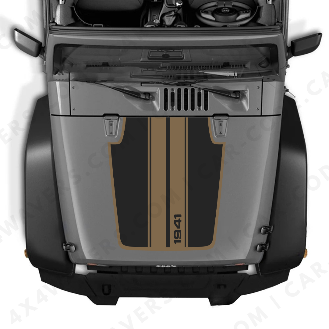 Decal Sticker Kit for JK Hood STRIPE 1941 Style – Vinyl Car Decals for Jeep Wrangler Models – Made in Canada Compatible with JK 2007 - 2018