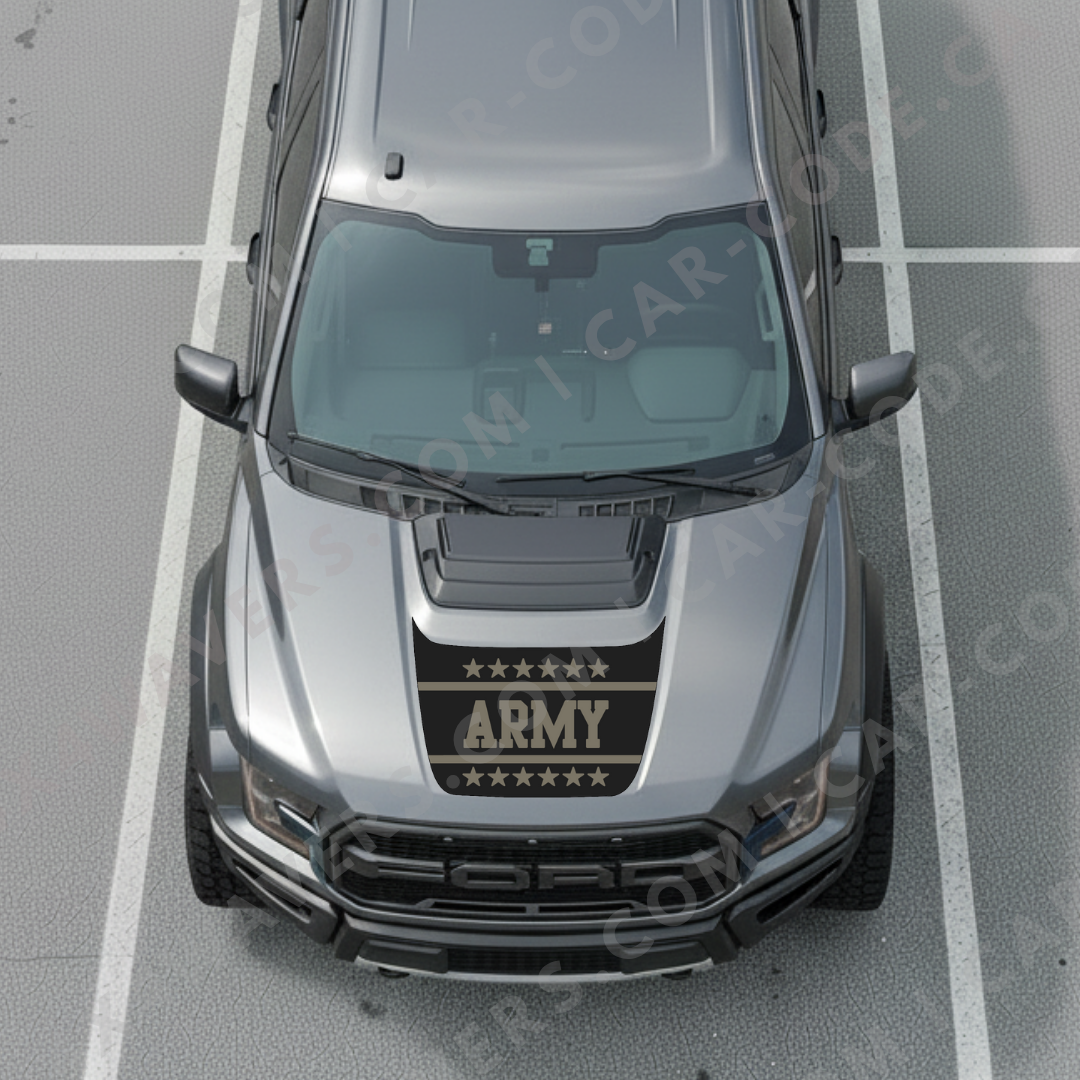 Ford F-150 Raptor Hood Panel – MIL-Style Banner “ARMY” (Tan/Steel Blue/Dust Rose/Ranger Green/Wolf Gray) – 2017–2025 – Printed Matte 3M or Avery Cut-Vinyl