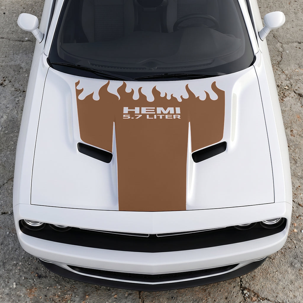 Hood Panel Decal/Sticker - HEMI 5.7 Liter Fire & Fury Flame Accent - Performance Red Series Graphic Kit - For Dodge Challenger 2015-2024 - Premium Vinyl