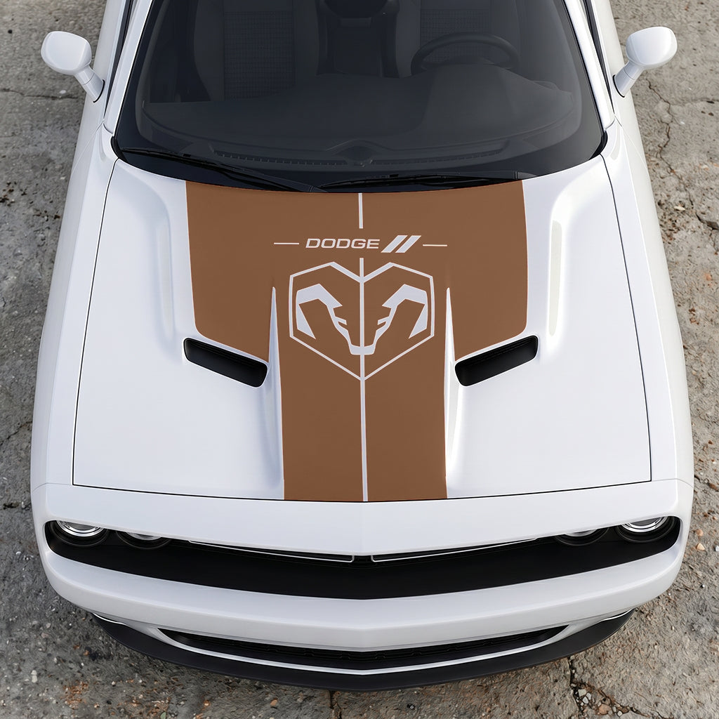 Hood Panel Decal/Sticker - Modern Ram Heritage Diamond Shield Overlay - Dodge Logo Split Stripe Graphic Kit - For Dodge Challenger 2015-2024 - Premium Vinyl