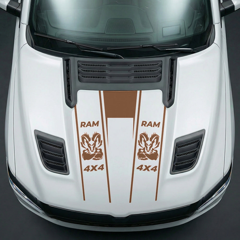 Hood Panel Decal/Sticker - Muscular Ram Mascot 4x4 Twin Stripe U-Shape Graphic Kit - For Dodge Ram 2019-2025 - Premium Vinyl