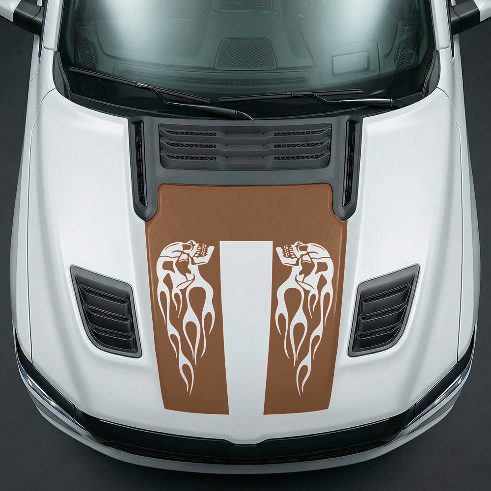 Hood Panel Decal/Sticker - Fiery Skulls Custom U-Shape Graphic Kit - For Dodge Ram 2019-2025 - Premium Vinyl