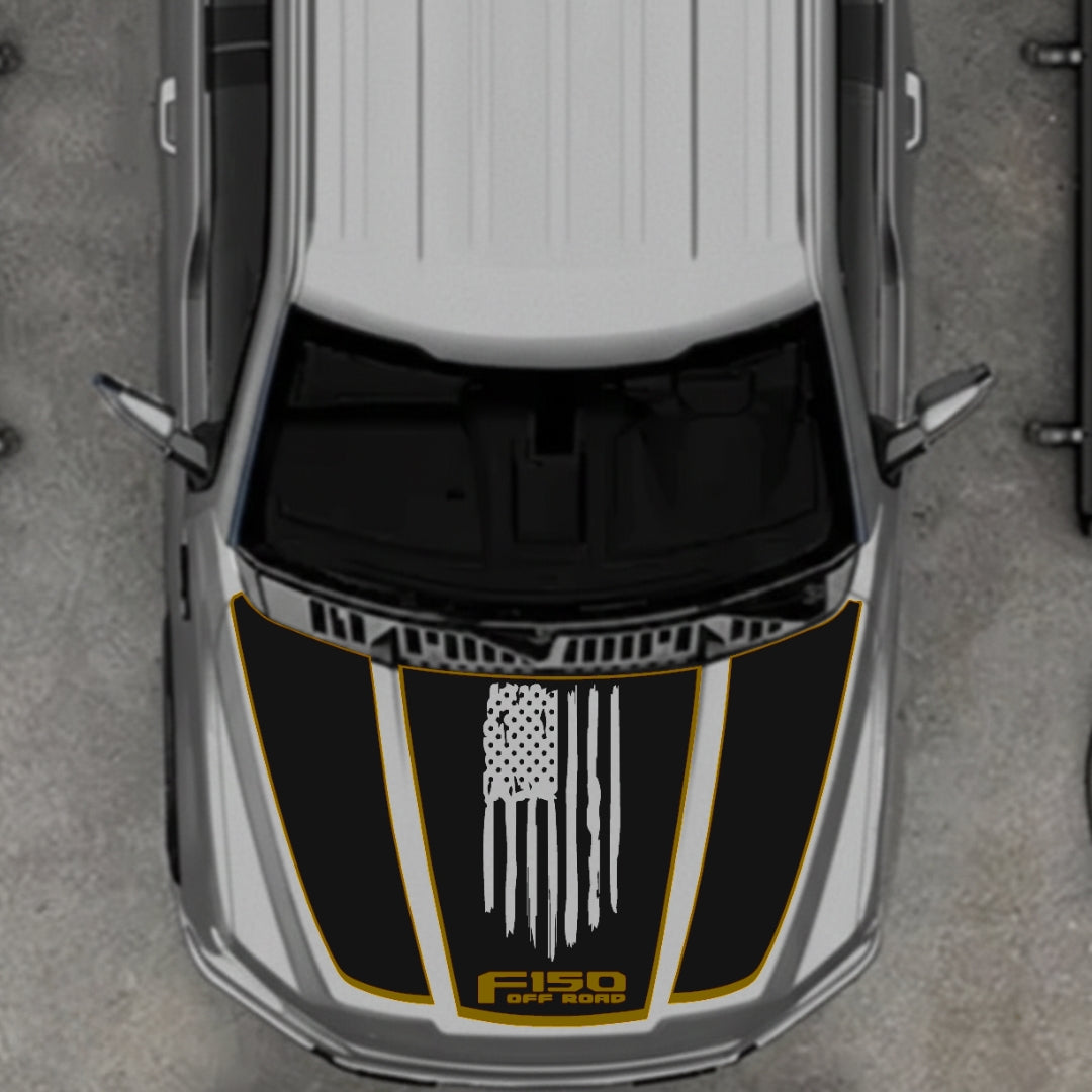 Hood Panel Decal/Sticker - USA Style 3 - Cut - Border Graphic Kit - For Ford F-150 2020-2026 - Premium Vinyl