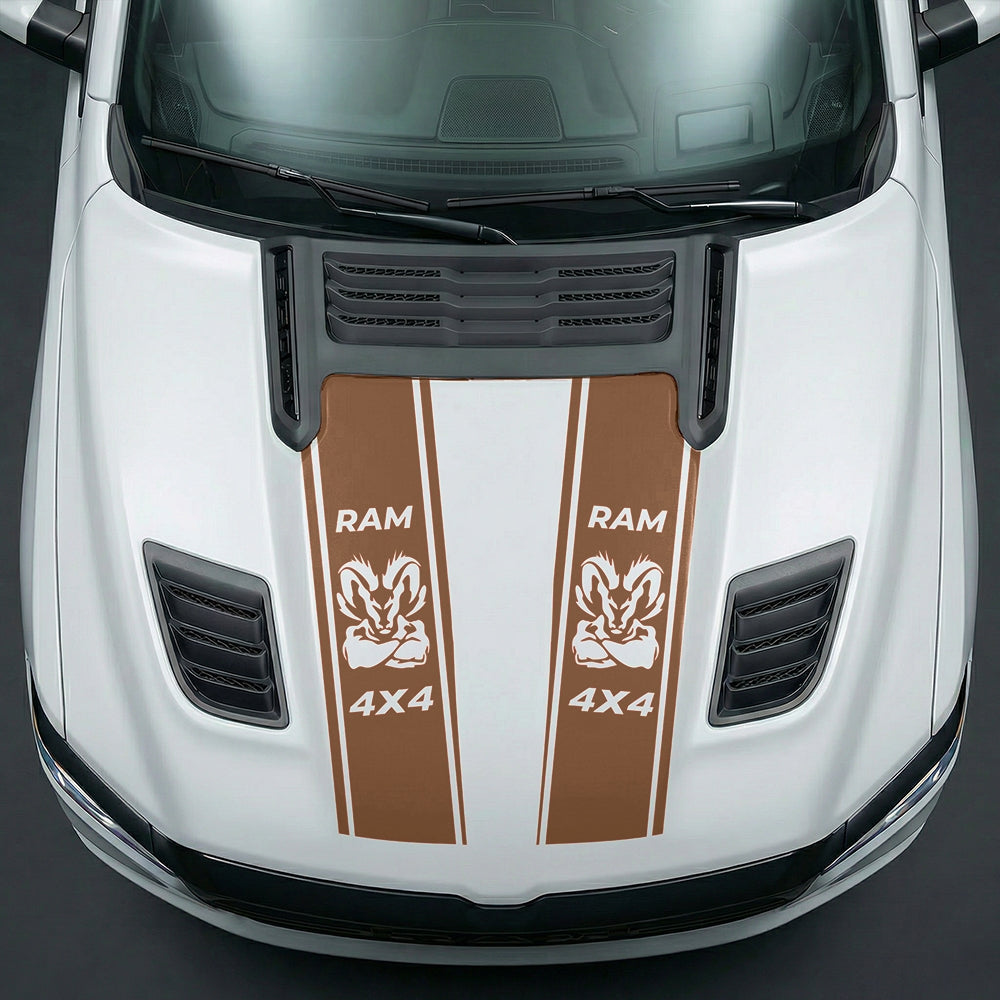 Hood Panel Decal/Sticker - Muscular Ram Mascot 4x4 Twin Stripe Graphic Kit - For Dodge Ram 2019-2025 - Premium Vinyl