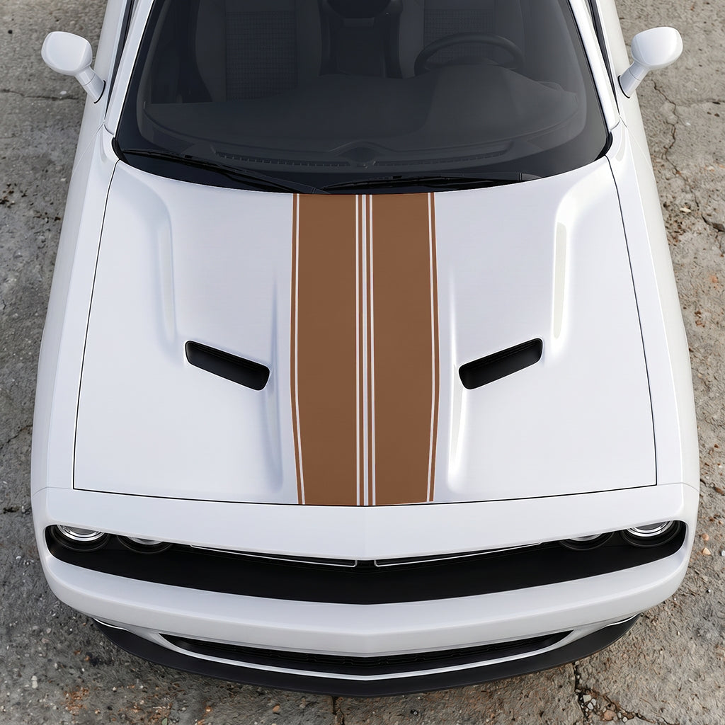 Hood Panel Decal/Sticker - Triple-Threat Sport Racing Stripes - Symmetrical Performance Overlay Graphic Kit - For Dodge Challenger 2015-2024 - Premium Vinyl