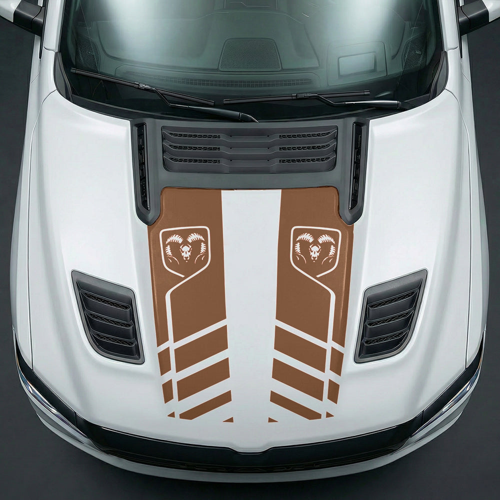Hood Panel Decal/Sticker - Slotted Sport Stripe with RAM Shield Badge Graphic Kit - For Dodge Ram 2019-2025 - Premium Vinyl