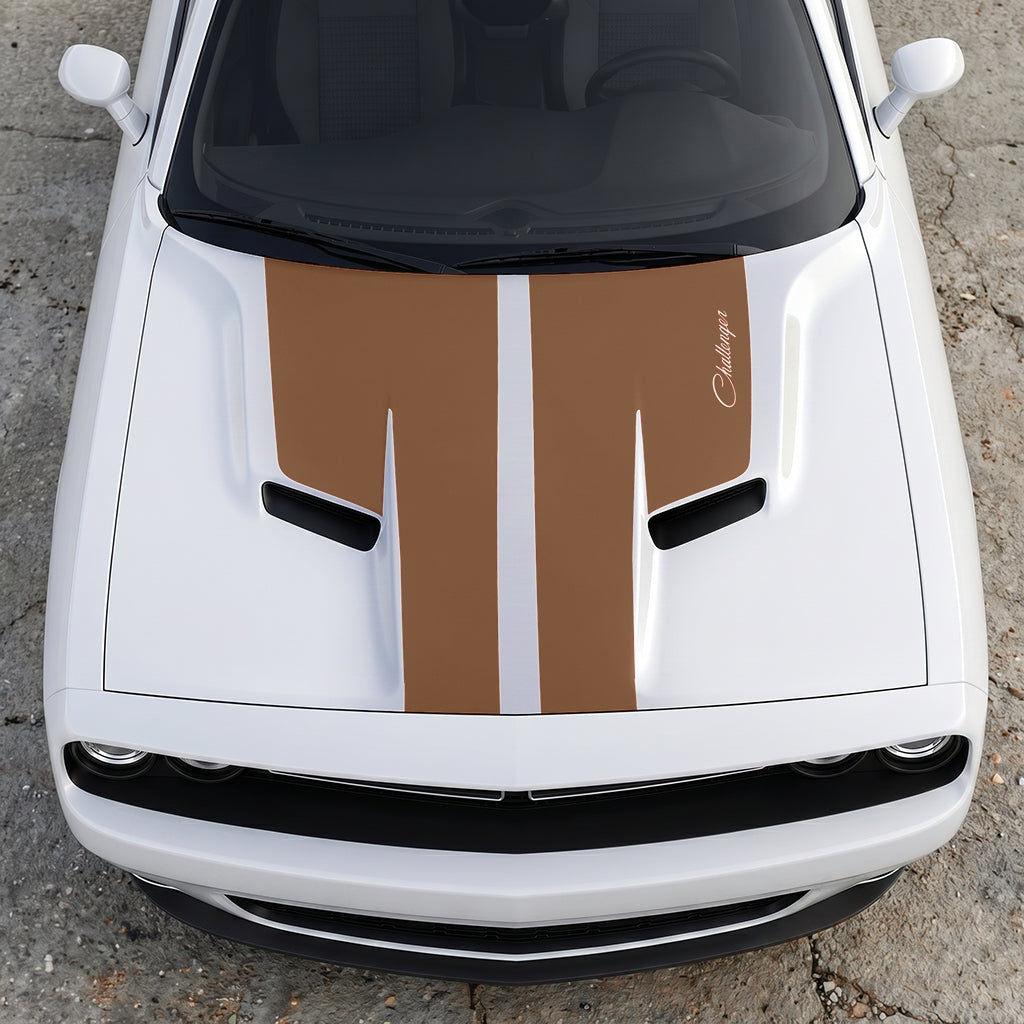 Hood Panel Decal/Sticker - Retro Script Challenger Heritage - Split Center Sport Stripe Series Graphic Kit - For Dodge Challenger 2015-2024 - Premium Vinyl