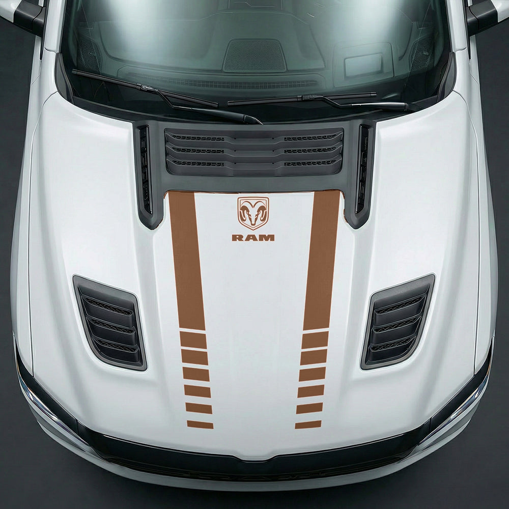 Hood Panel Decal/Sticker - Sport Strobe V-Stripes with Center RAM Logo - Cut Graphic Kit - For Dodge Ram 2019-2025 - Premium Vinyl