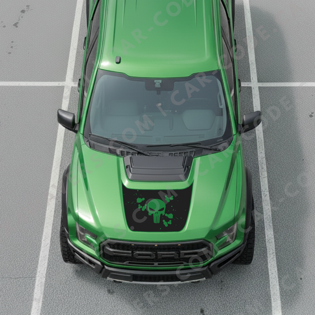 Hood Panel Decal/Sticker - Skull & Paint-Splatter - For Ford F-150 Raptor 2017-2025 - Matte Printed 3M or Avery Cut-Vinyl