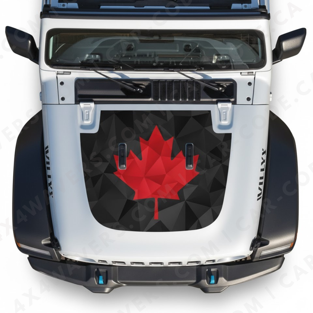 Hood Panel Decal/Sticker - Faceted Maple Leaf Style - Red on Black Geometric - For Wrangler JL/JK/JT – Made in Canada