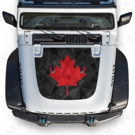 Hood Panel Decal/Sticker - Faceted Maple Leaf Style - Red on Black Geometric - For Wrangler JL/JK/JT – Made in Canada