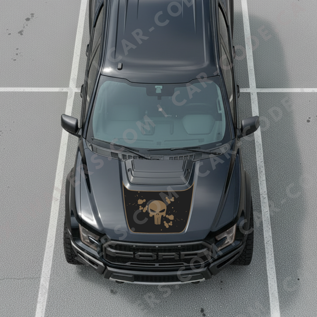 Hood Panel Decal/Sticker - Skull & Paint-Splatter - For Ford F-150 Raptor 2017-2025 - Matte Printed 3M or Avery Cut-Vinyl