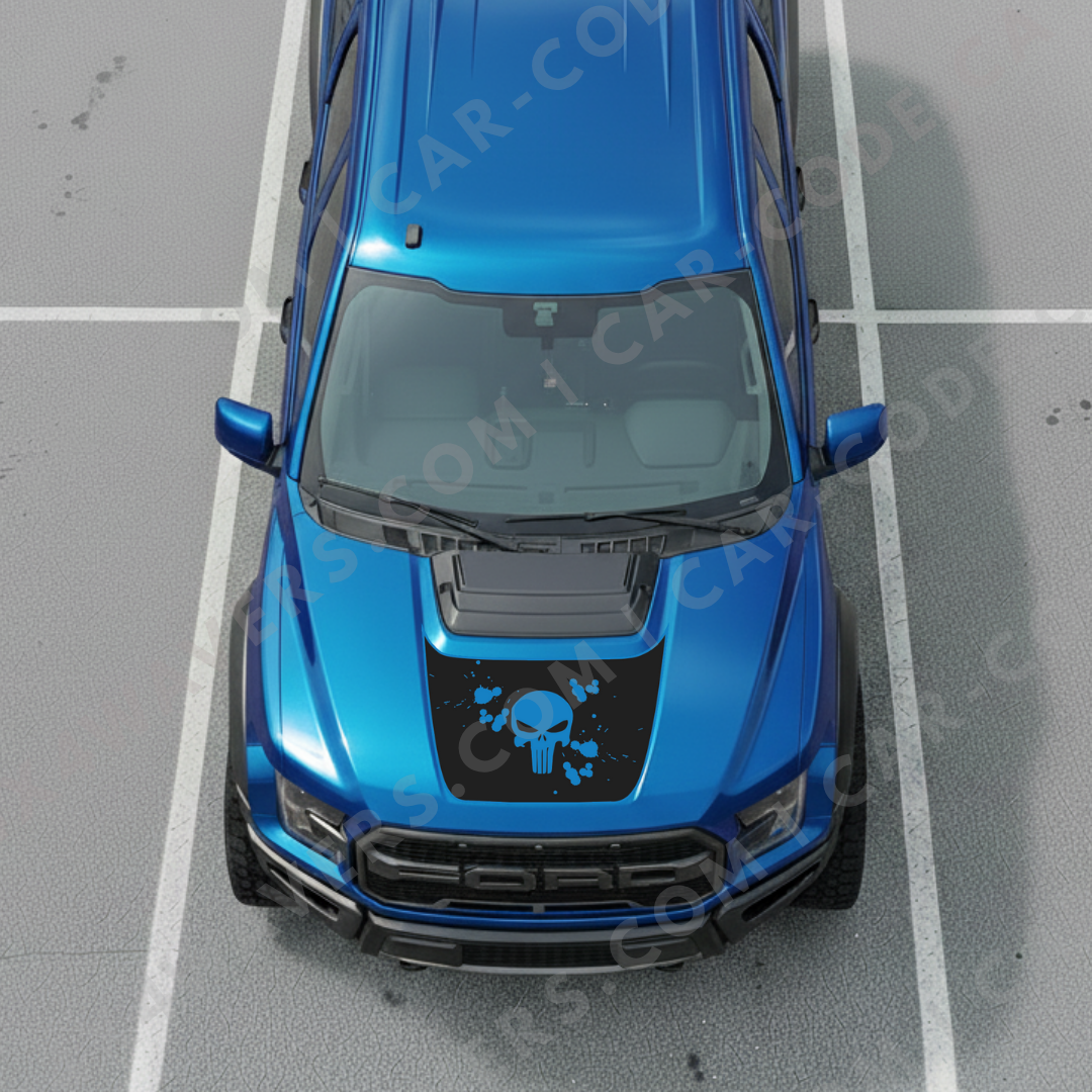 Hood Panel Decal/Sticker - Skull & Paint-Splatter - For Ford F-150 Raptor 2017-2025 - Matte Printed 3M or Avery Cut-Vinyl