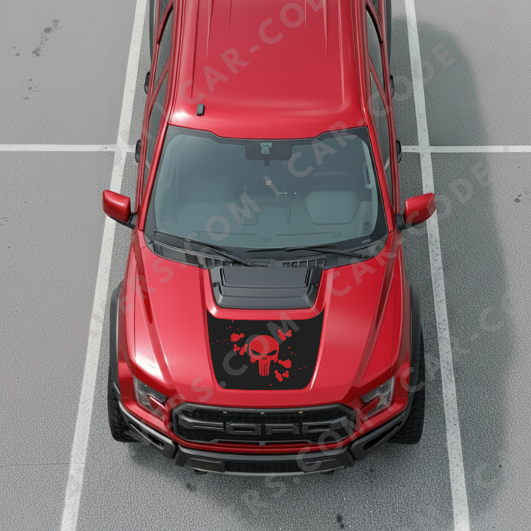 Hood Panel Decal/Sticker - Skull & Paint-Splatter - For Ford F-150 Raptor 2017-2025 - Matte Printed 3M or Avery Cut-Vinyl