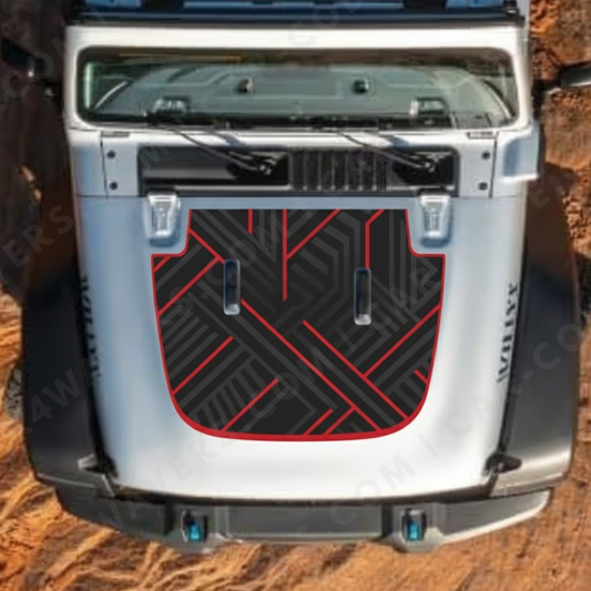 Hood Panel Decal/Sticker -Montreal Lines Style -Charcoal Geometric Pattern with Optional Red Outline - For Wrangler JL/JK/JT –Made in Canada
