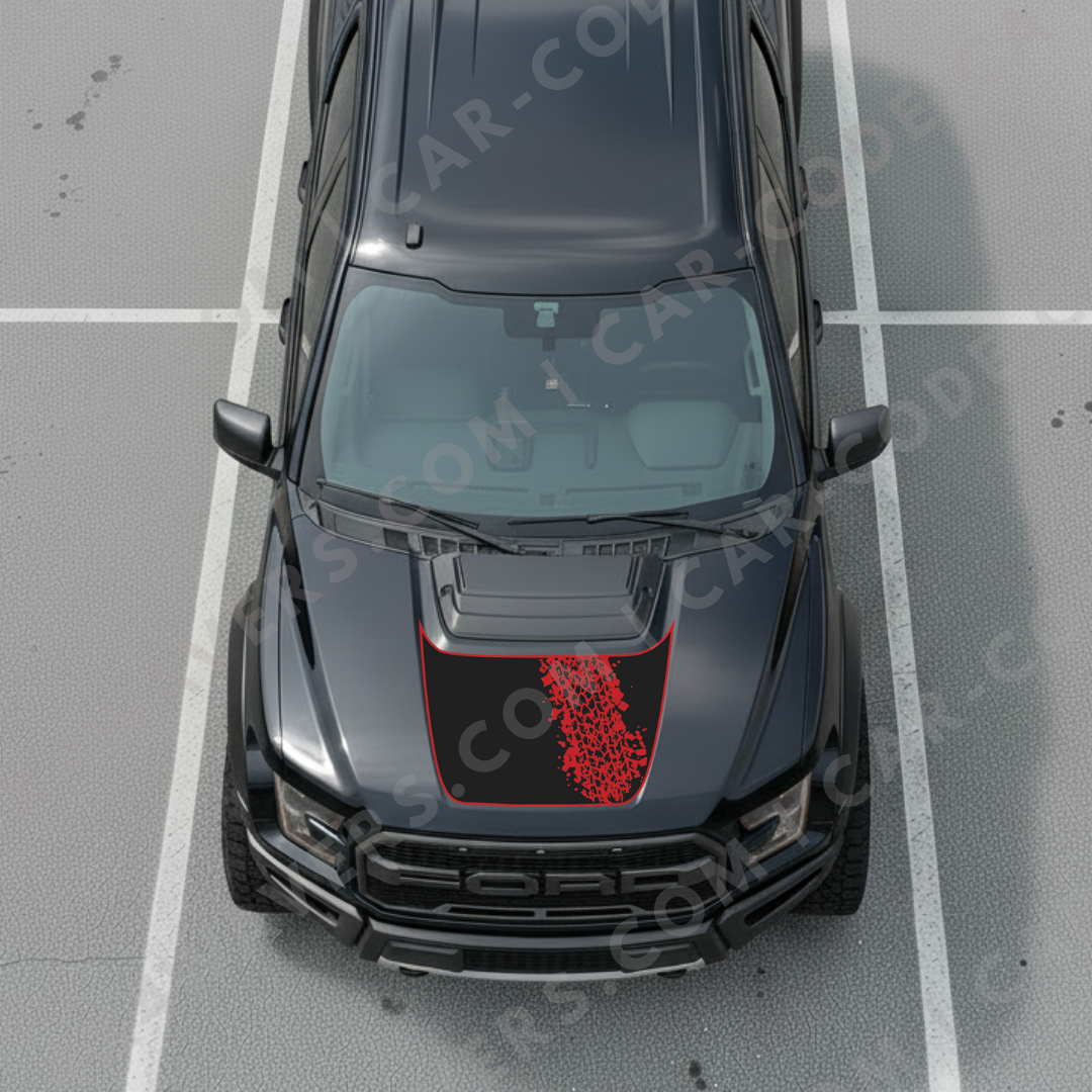 Ford F-150 Raptor Hood Panel – Diagonal Tire Track (Accent Border) – 2017–2025 – Green/Bronze/Gray/Blue/Red – Printed Matte 3M or Avery Cut-Vinyl