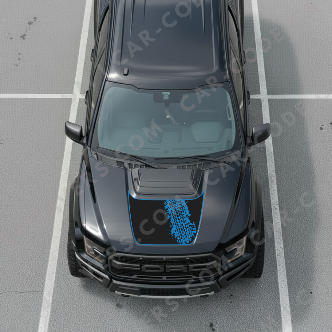 Hood Panel Decal/Sticker - Diagonal Tire Track with Accent Border - For Ford F-150 Raptor 2017-2025 - Matte Printed 3M or Avery Cut-Vinyl