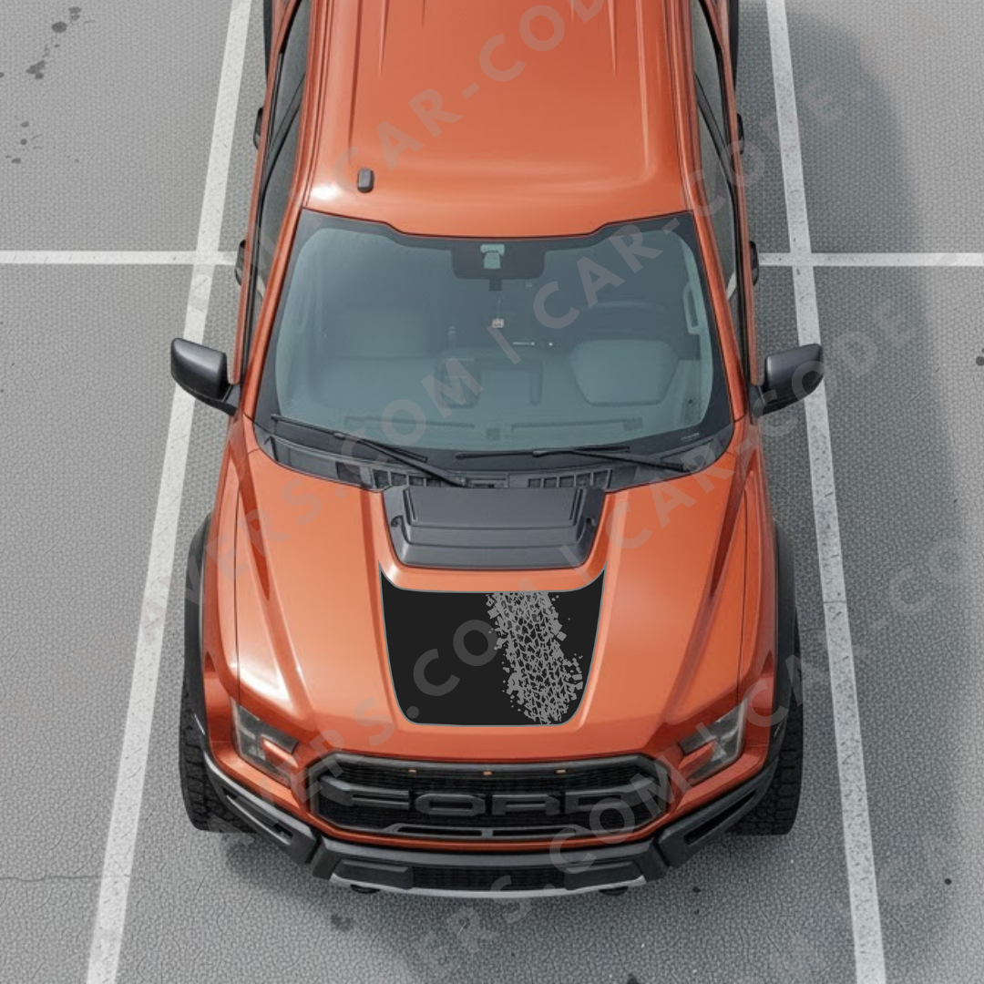 Hood Panel Decal/Sticker - Diagonal Tire Track with Accent Border - For Ford F-150 Raptor 2017-2025 - Matte Printed 3M or Avery Cut-Vinyl