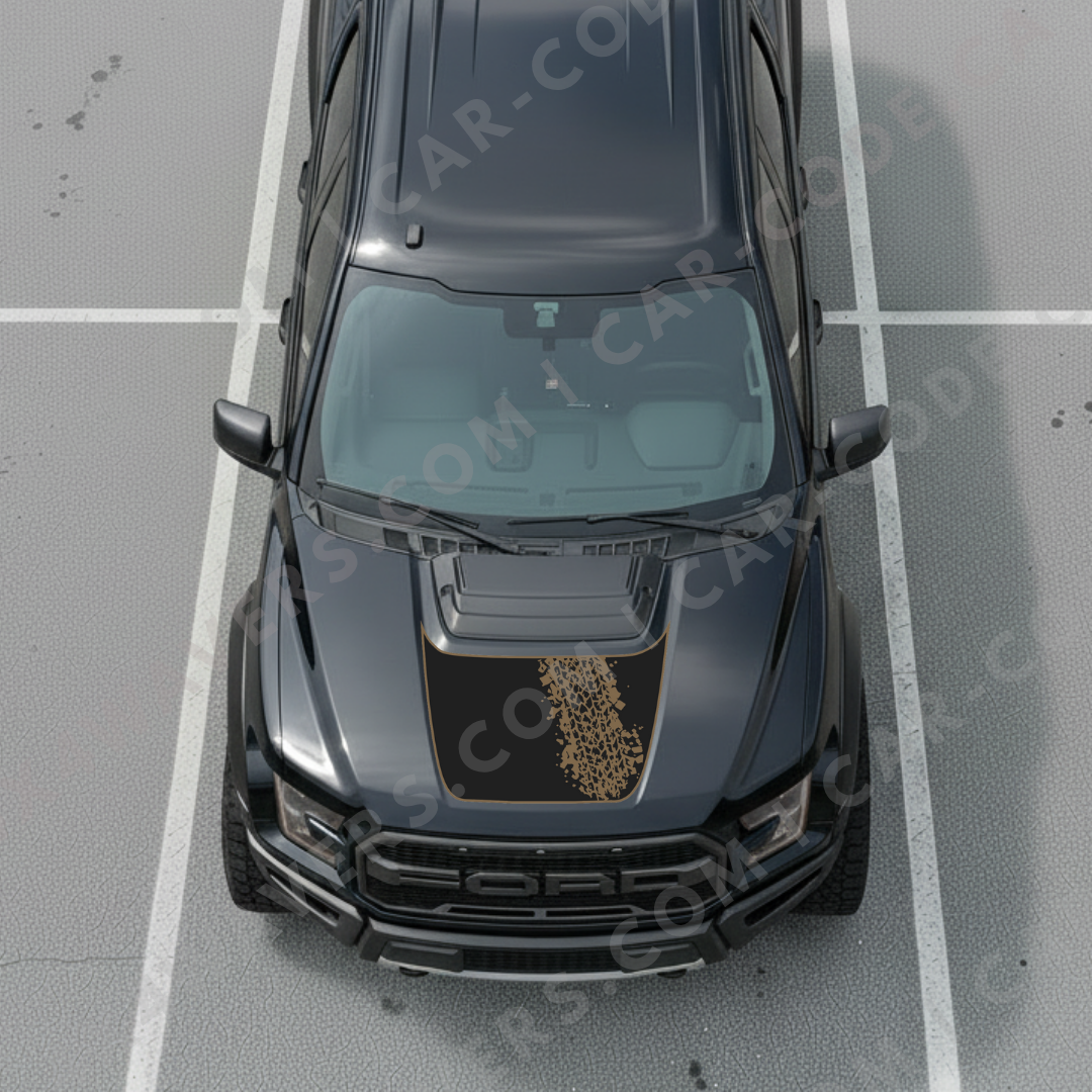 Hood Panel Decal/Sticker - Diagonal Tire Track with Accent Border - For Ford F-150 Raptor 2017-2025 - Matte Printed 3M or Avery Cut-Vinyl