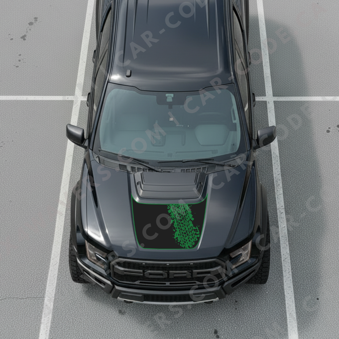 Ford F-150 Raptor Hood Panel – Diagonal Tire Track (Accent Border) – 2017–2025 – Green/Bronze/Gray/Blue/Red – Printed Matte 3M or Avery Cut-Vinyl