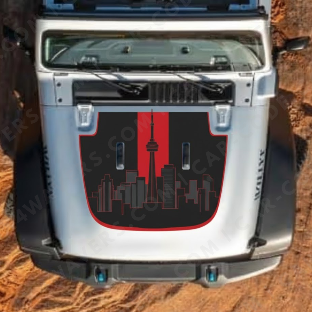 Hood Panel Decal/Sticker - Toronto-Style Skyline Style - Black with Red Rally Stripe & Outline - For Wrangler JL/JK/JT – Made in Canada