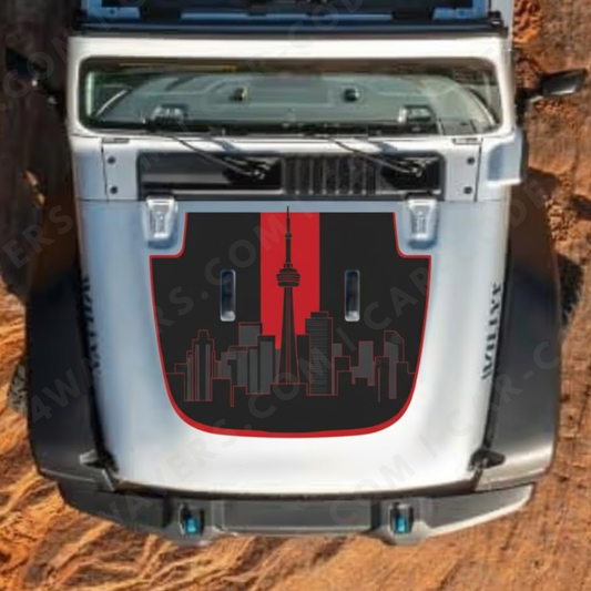 Toronto Skyline Rally Hood Panel – Wrangler JL/JLU/JT (2018–2025) & JK/JKU (2007–2018) – Black w/ Red Center Stripe & Outline – Printed & Matte-Laminated 3M Vinyl