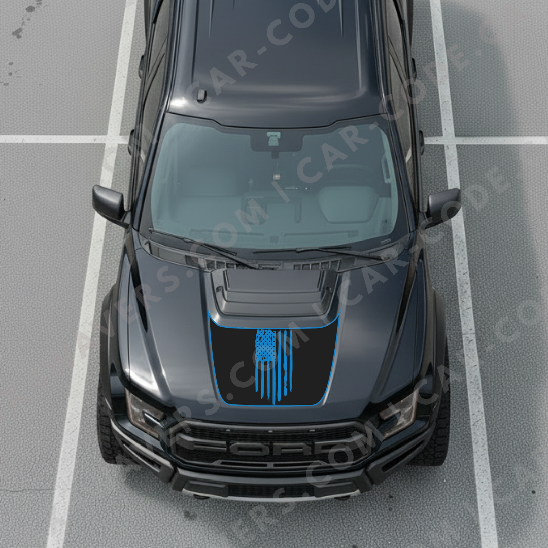 Tattered Flag Hood Panel – Accent Color Options – Ford F-150 Raptor (Gen 2 2017–2020, Gen 3 2021–2024) – Printed Matte 3M or Avery Cut Vinyl