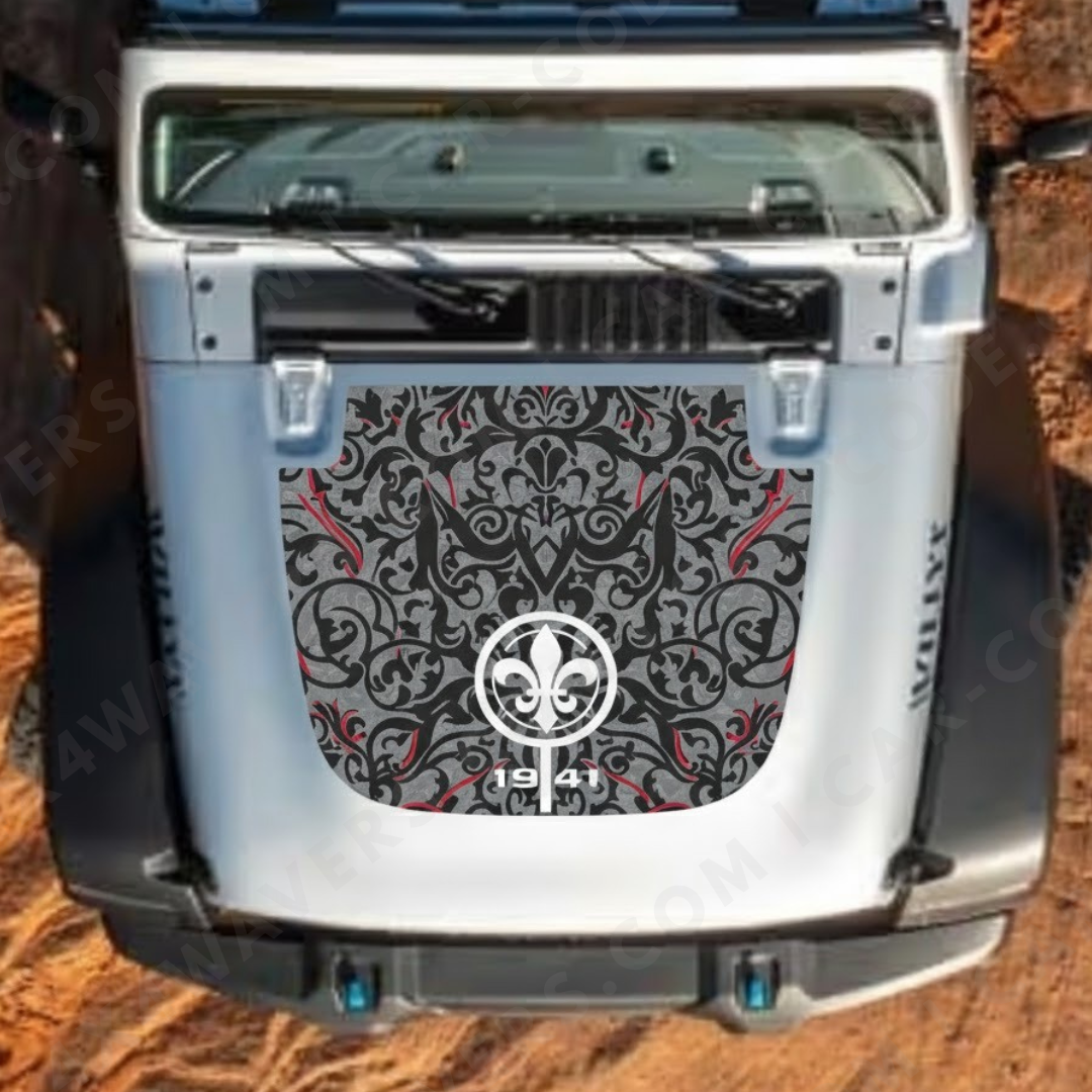 Hood Panel Decal/Sticker - Québec Fleur Style - Ornamental Black/Grey with Red Accents & “1941” - For Wrangler JL/JK/JT – Made in Canada