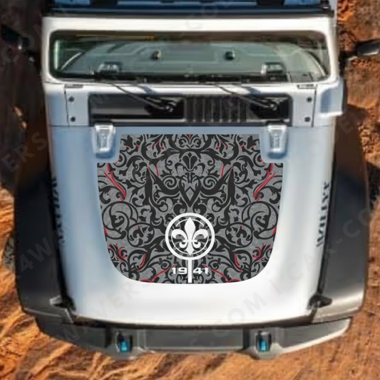 Québec Fleur Hood Panel – Wrangler JL/JLU/JT (2018–2025) & JK/JKU (2007–2018) – Black/Grey Ornamental Pattern w/ Red Accents & “1941” – Printed & Matte-Laminated 3M Vinyl