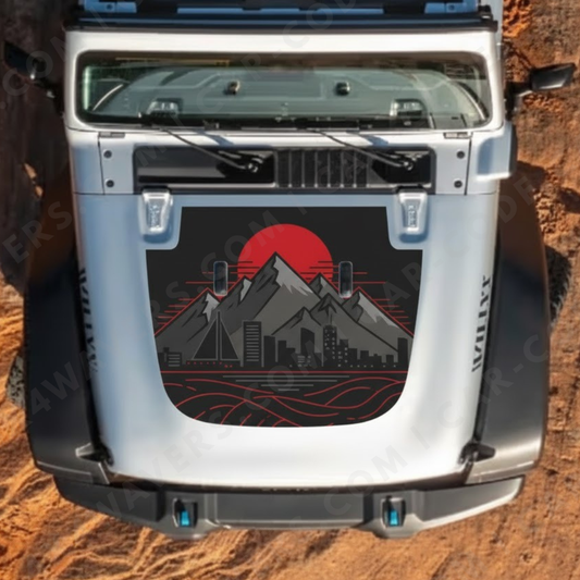 Hood Panel Decal/Sticker - Vancouver Mountains and Skyline Style - Red Sun & Ocean Lines - For Wrangler JL/JK/JT – Made in Canada