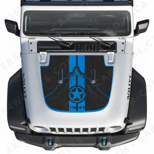 1941 Topographic Rally Hood Panel – Wrangler JL/JLU/JT (2018–2025) & JK/JKU (2007–2018) – Stripe & Star – Printed & Matte-Laminated 3M Vinyl