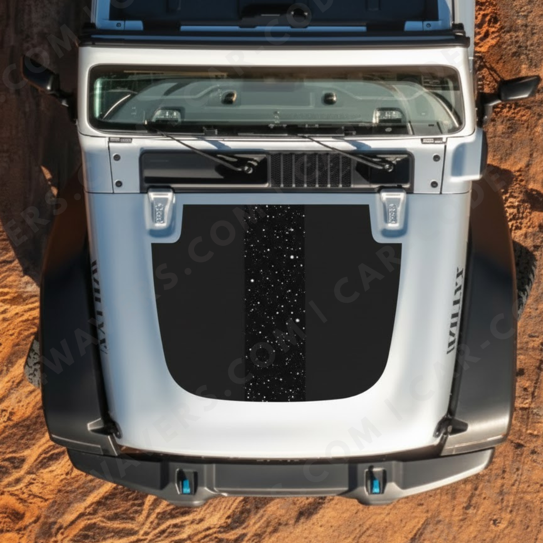 Hood Panel Decal/Sticker - Midnight Galaxy Style - Starry Center Rally Stripe - For Wrangler JL/JK/JT – Made in Canada