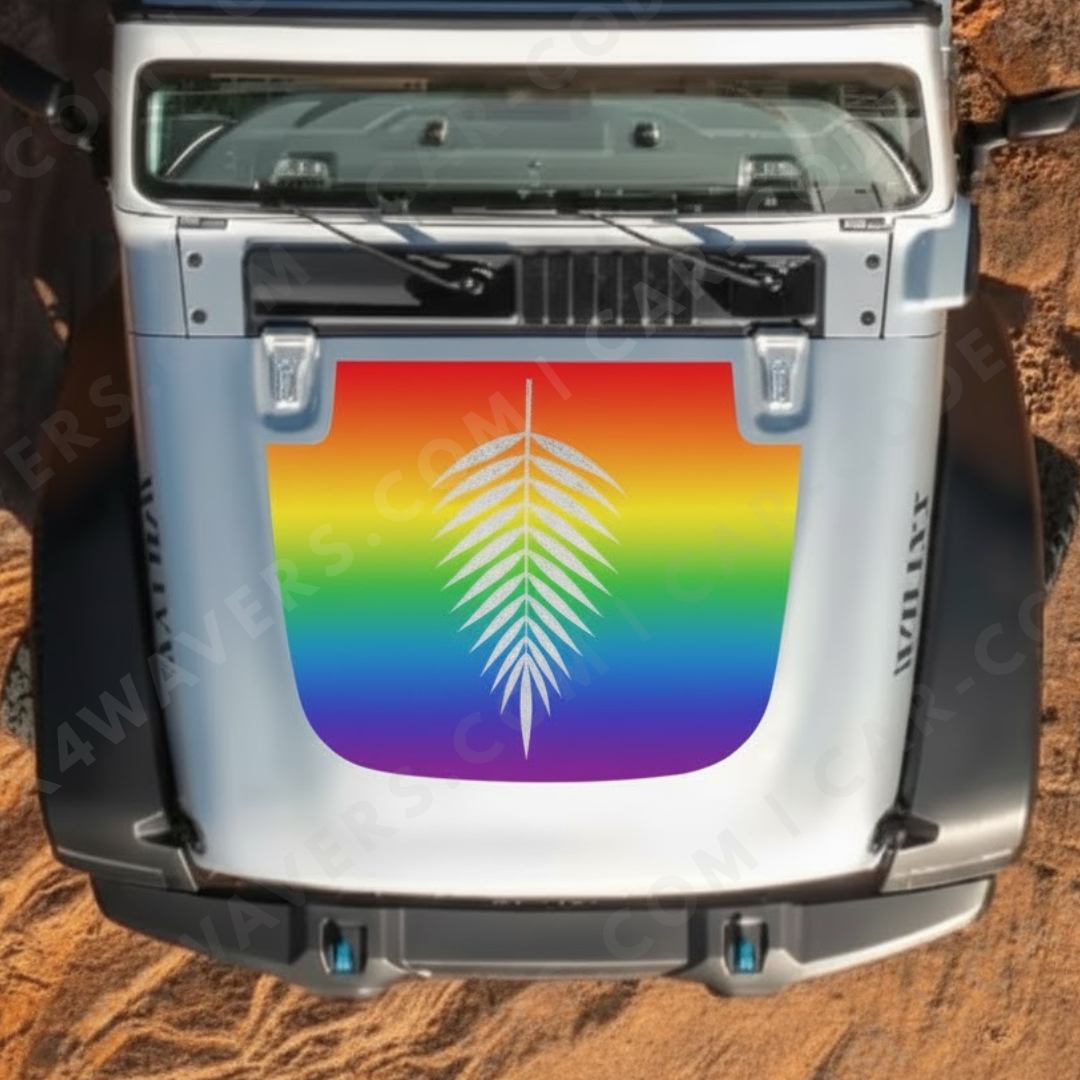 Silver Fern Hood Panel – Wrangler JL/JLU/JT (2018–2025) & JK/JKU (2007–2018) – Classic Satin Black or Pride Rainbow – Printed & Matte-Laminated 3M (Avery Overlay Option)