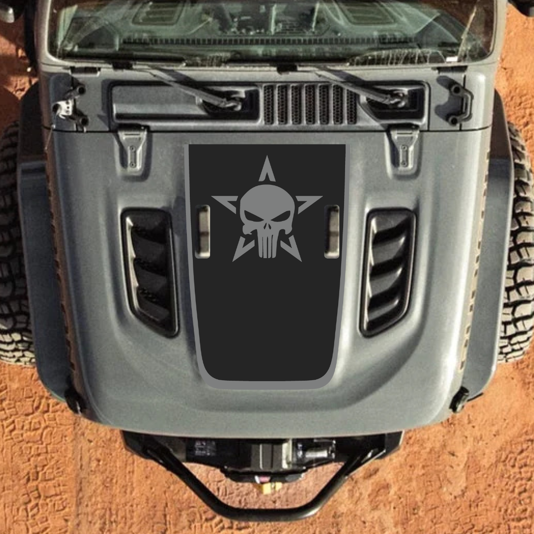 Hood Decal/Sticker – Punisher Style Kit – for JL/JLU/JT/4XE Rubicon Hood – Made in Canada