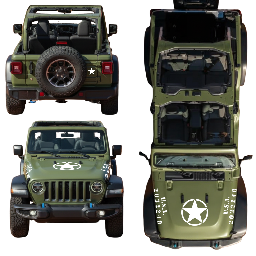 Hood and Body Decal Kit - Military Star & Stencil - For Jeep Wrangler Models - White Vinyl