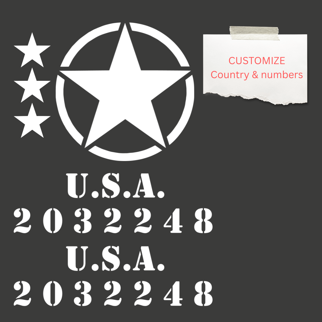 Hood and Body Decal Kit - Military Star & Stencil - For Jeep Wrangler Models - White Vinyl