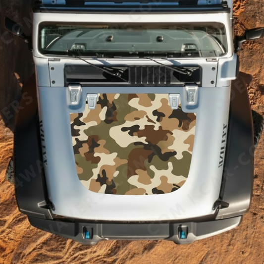 Camo Hood Panel – Wrangler JL/JLU/JT (2018–2025) & JK/JKU (2007–2018) – Woodland/Desert/Urban/Arctic – Printed & Matte-Laminated 3M Vinyl