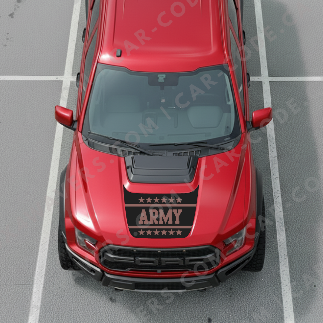 Hood Panel Decal/Sticker - MIL-Style Banner “ARMY” - For Ford F-150 Raptor 2017-2025 - Matte Printed 3M or Avery Cut-Vinyl