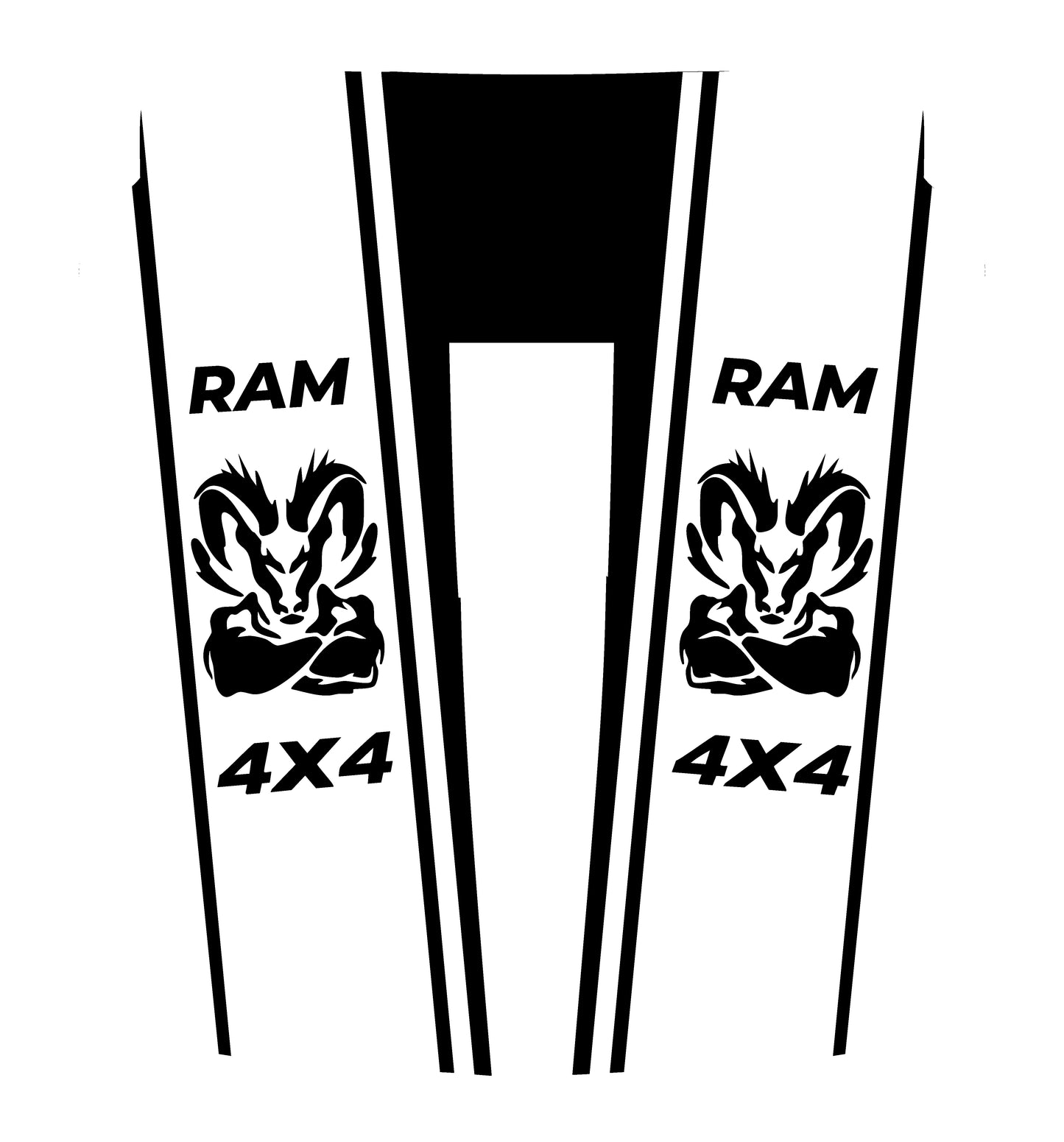 Hood Panel Decal/Sticker - Muscular Ram Mascot 4x4 Twin Stripe U-Shape Graphic Kit - For Dodge Ram 2019-2025 - Premium Vinyl