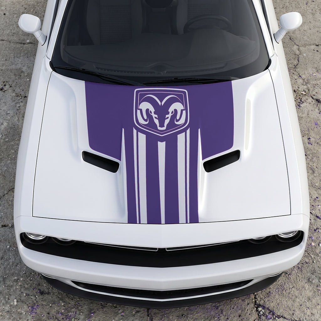 Hood Panel Decal/Sticker - Ram Emblem Apex Crest Triple-Stripe - Rugged Shield Design Vinyl Graphic Kit - For Dodge Challenger 2015-2024 - Premium Vinyl