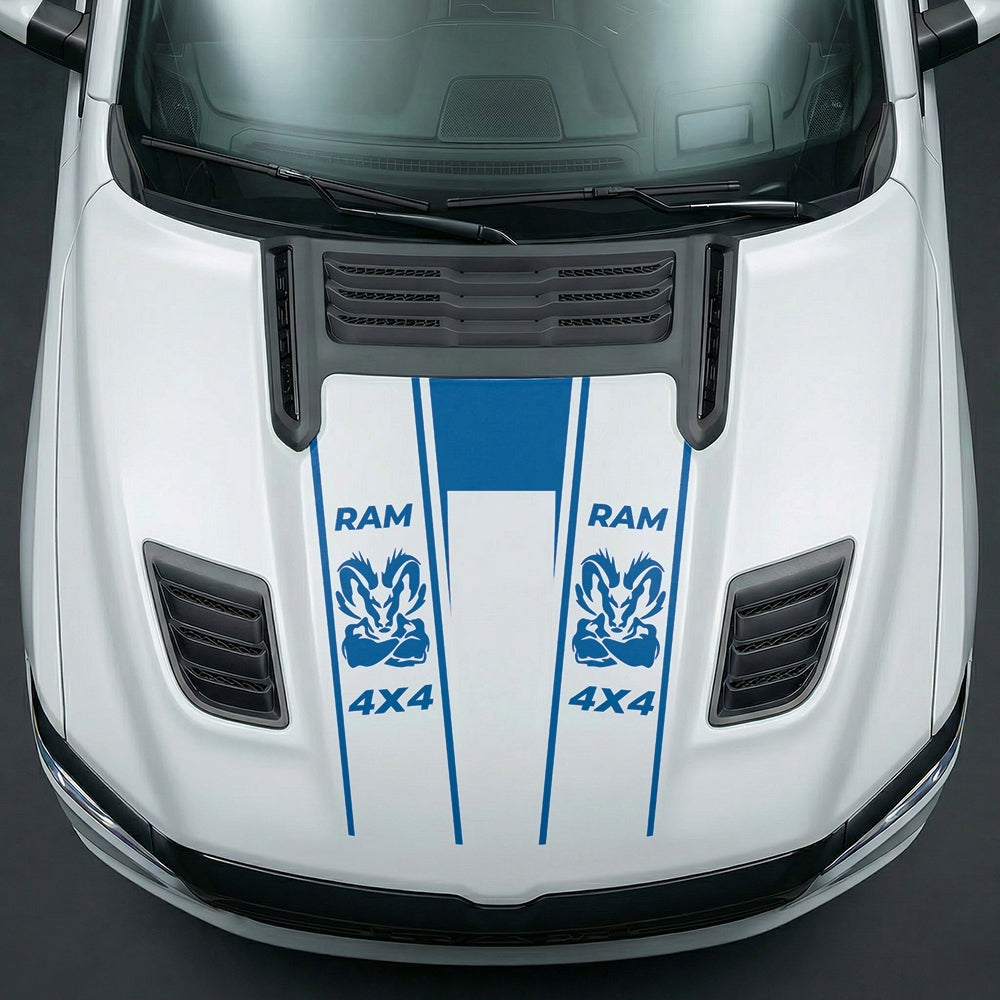 Hood Panel Decal/Sticker - Muscular Ram Mascot 4x4 Twin Stripe U-Shape Graphic Kit - For Dodge Ram 2019-2025 - Premium Vinyl