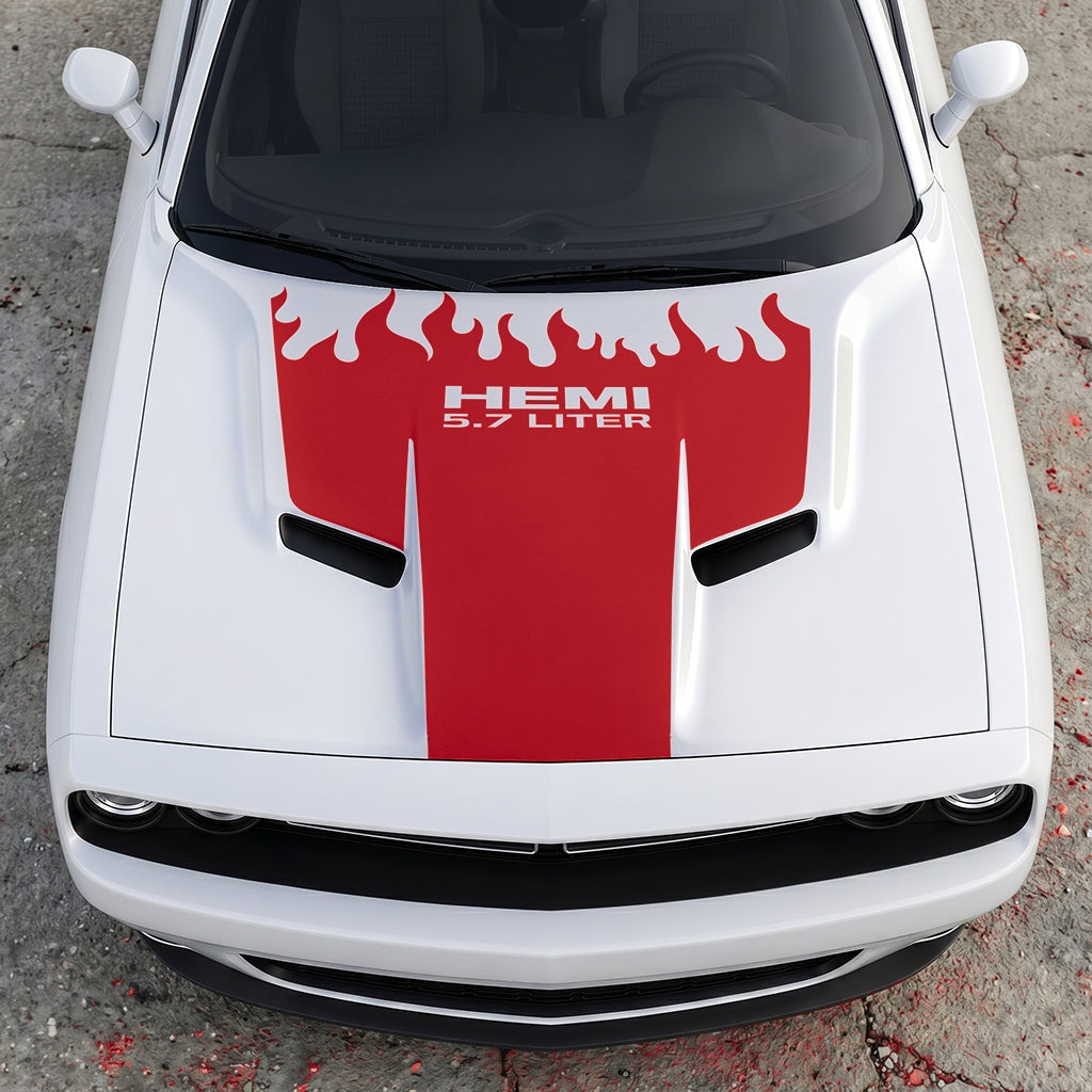 Hood Panel Decal/Sticker - HEMI 5.7 Liter Fire & Fury Flame Accent - Performance Red Series Graphic Kit - For Dodge Challenger 2015-2024 - Premium Vinyl
