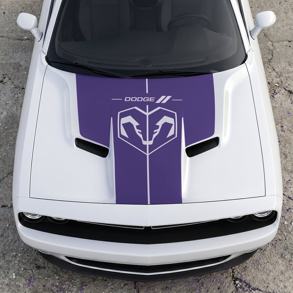 Hood Panel Decal/Sticker - Modern Ram Heritage Diamond Shield Overlay - Dodge Logo Split Stripe Graphic Kit - For Dodge Challenger 2015-2024 - Premium Vinyl