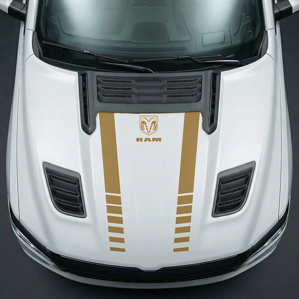 Hood Panel Decal/Sticker - Sport Strobe V-Stripes with Center RAM Logo - Cut Graphic Kit - For Dodge Ram 2019-2025 - Premium Vinyl